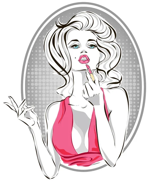 Pin-up mode belle femme appliquant rouge à lèvres rose, fille pop art mettant vecteur de maquillage — Image vectorielle