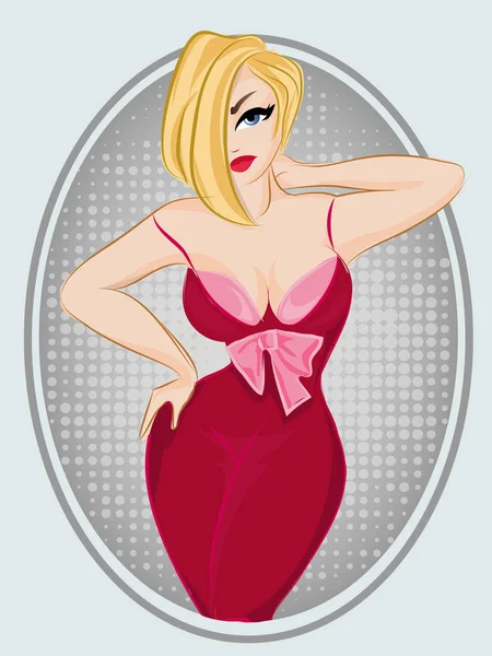 Όμορφο pin-up σέξι γυναίκα που φοράει κόκκινο φόρεμα. Pop art διάνυσμα ξανθιά κοπέλα με τελείες φόντο — Διανυσματικό Αρχείο