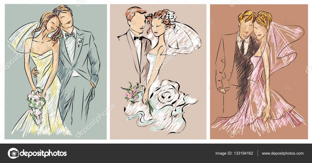 Wedding Couples Bride And Groom Sketch Set Invitation Vector