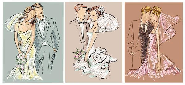 Boda parejas, novia y novio bosquejo conjunto invitación vector ilustración — Archivo Imágenes Vectoriales