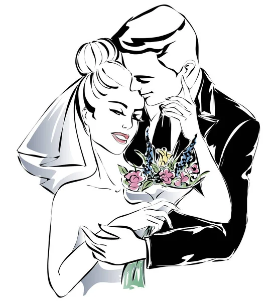 Esküvő házaspár, boldog menyasszony és a vőlegény vázlat meghívás vektoros illusztráció — Stock Vector