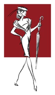 Siyah ve beyaz retro moda kadın modeli. Elle çizilmiş vektör