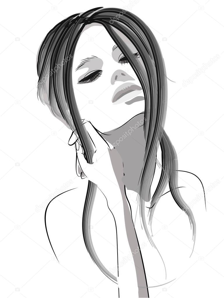 Beautiful woman retro portrait, black and white sketch, vector illustration background