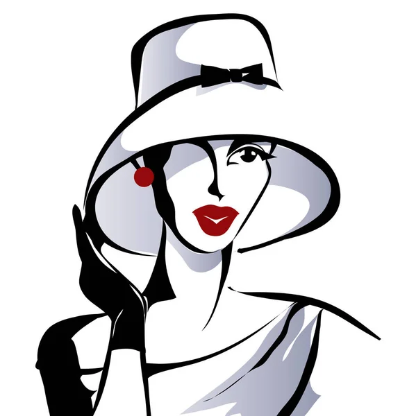 Retrato de mujer blanca y negra. Modelo de moda con sombrero vintage, ilustración vectorial dibujado a mano — Vector de stock