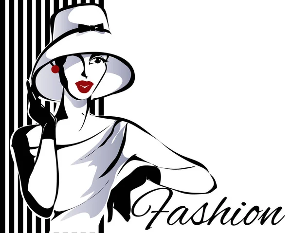 Model wanita fashion hitam dan putih dengan latar belakang logo butik. Vektor gambar tangan - Stok Vektor