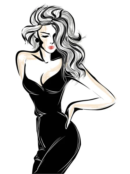 Sexy bianco e nero modello donna ritratto, illustrazione vettoriale — Vettoriale Stock