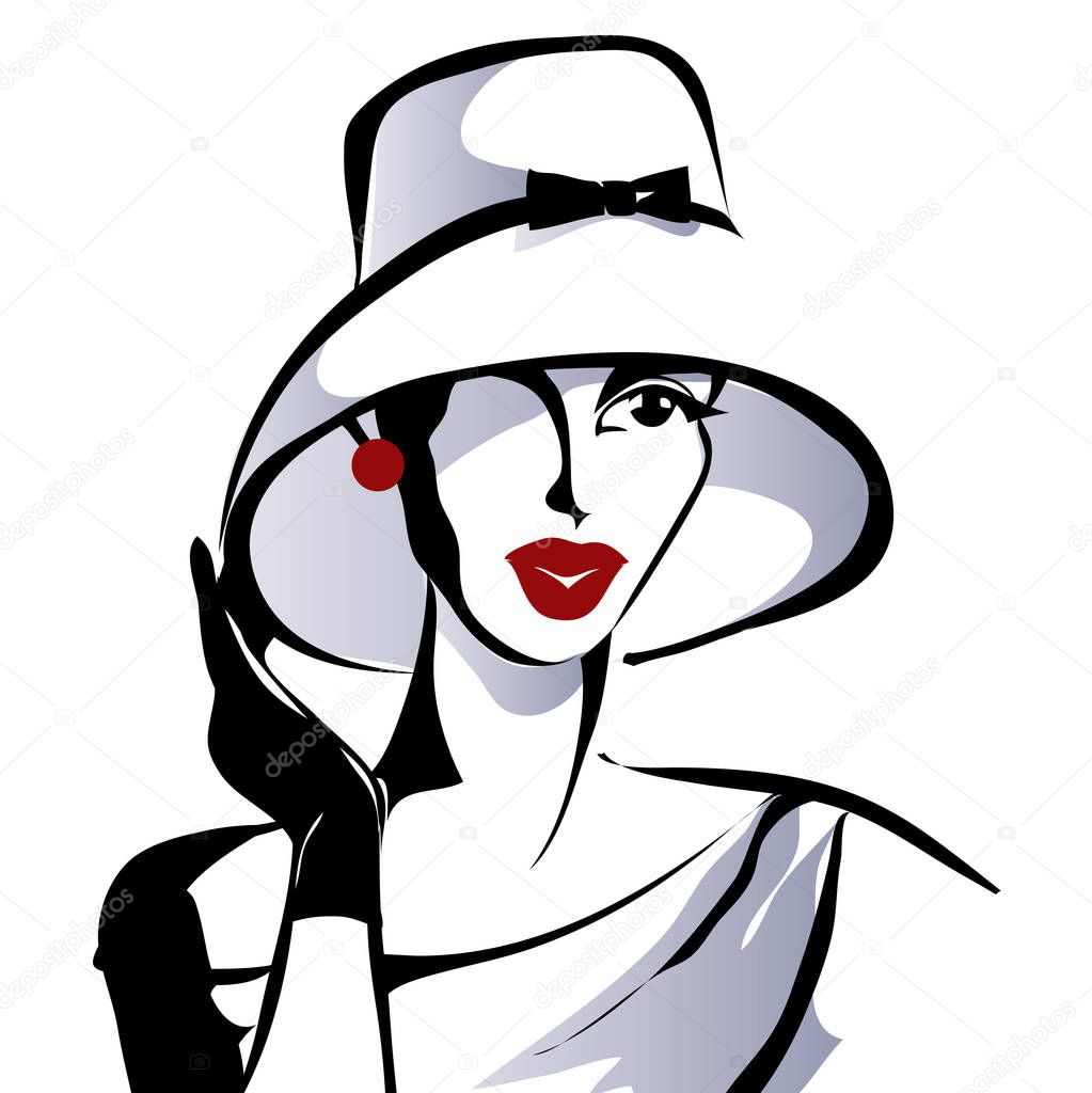 Black and white woman portrait. Fashion model wearing vintage hat, hand drawn vector illustration
