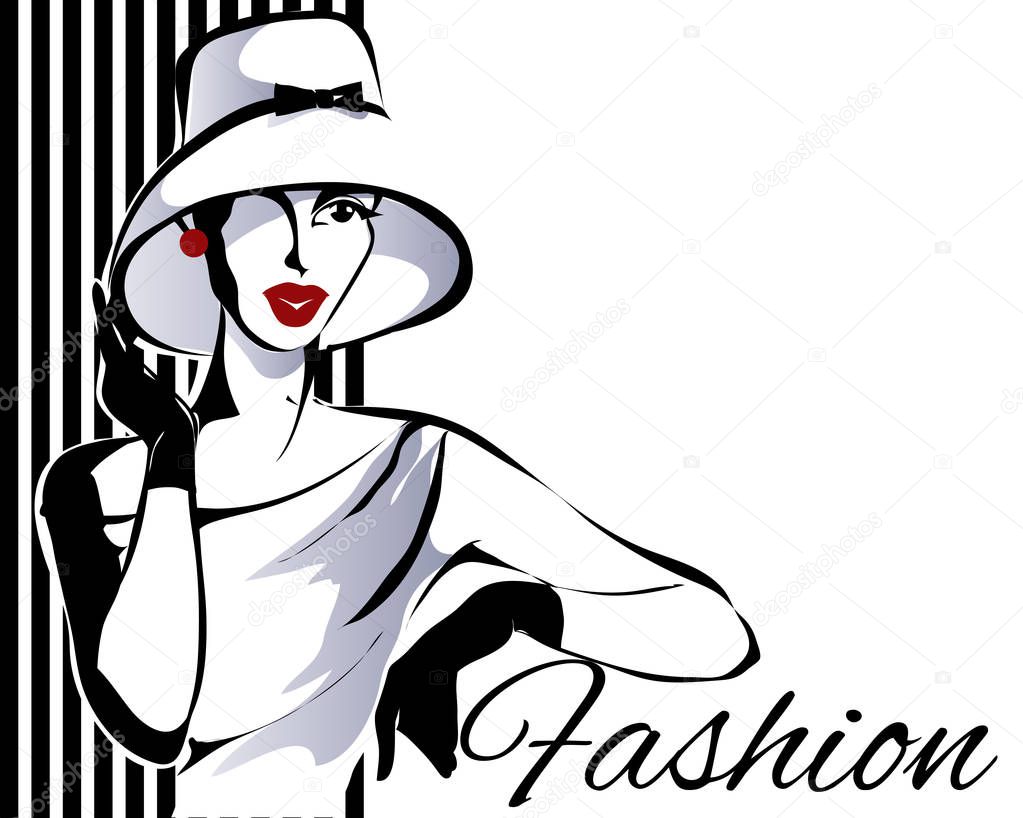 Black and white fashion woman model with boutique logo background. Hand drawn vector illustration