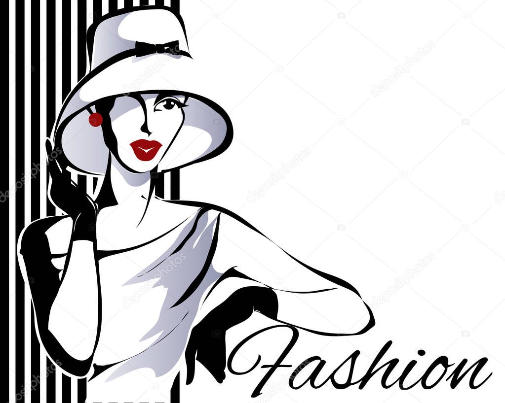 Black and white fashion woman model with boutique logo background. Hand drawn vector