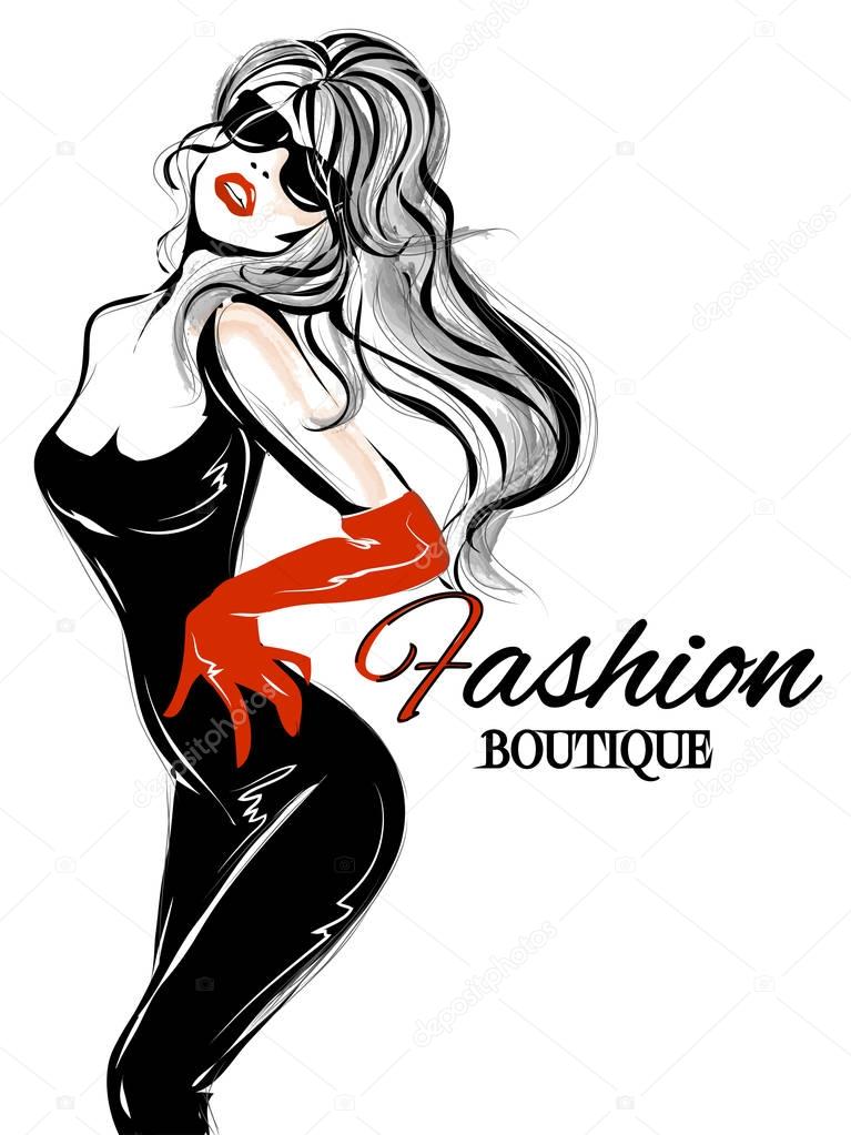 Sexy black and white fashion woman portrait, model wearing red gloves, vector illustration background