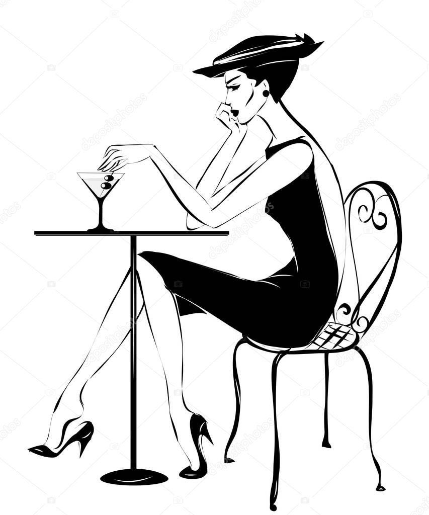Fashion woman drinking martini in cafe, vector illustration