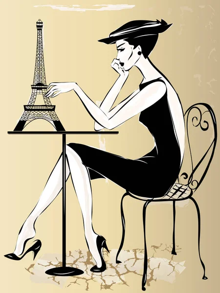 Mujer de moda en la cafetería de París con torre Eiffel sobre la mesa, ilustración vectorial — Vector de stock