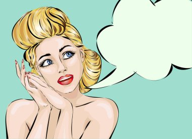 Pin-up konuşma balonu rüya kadınla. Pop-Art kız elle çizilmiş vektör çizim