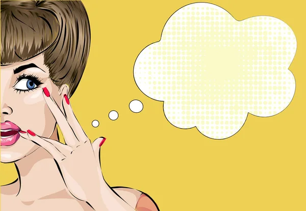 Stil mucize kadın konuşma balonu, pop art kız portre, vektör çizim ile pin