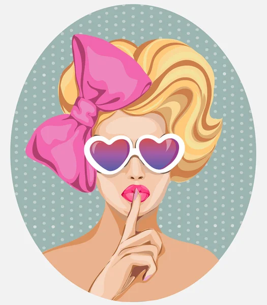 День Святого Валентина чарівна портрет сексуальна жінка з серця сонцезахисні окуляри і пальцями на її губ, мовчання жест. Поп-арт дівчина вектор — стоковий вектор