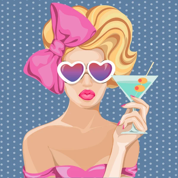 Mulher bonita com retrato de arte pop de vidro martini, pin up verão olhar ilustração vetorial — Vetor de Stock