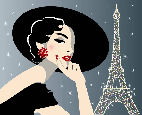 Pop Art potret wanita cantik, malam Paris latar belakang dengan menara Eiffel, vektor - Stok Vektor