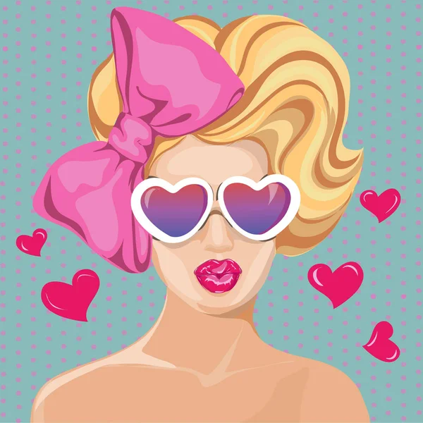 Валентинов день Pin-up сексуальный женский портрет с червями солнцезащитные очки. Вектор поп-арта — стоковый вектор