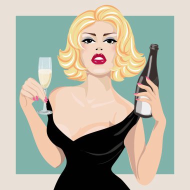 Pin-up seksi kadın şişe şampanya, pop sanat portre elle çizilmiş vektör çizim