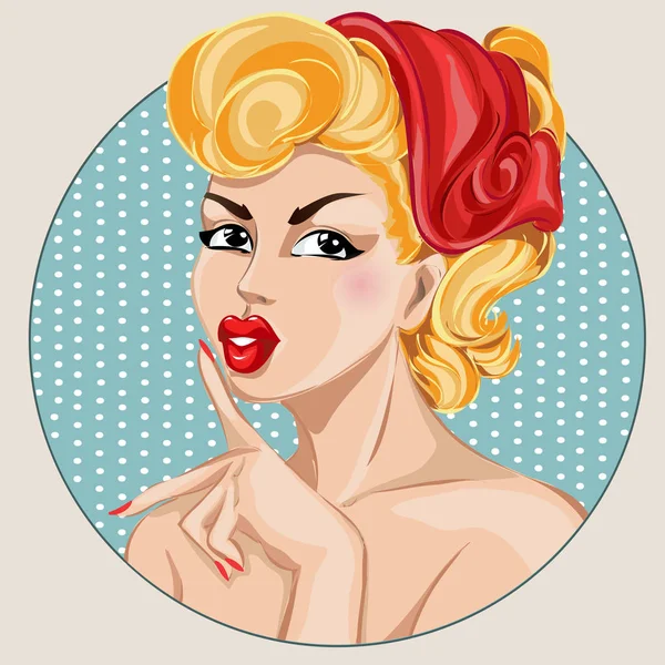 Pin-up donna sexy ritratto con un dito sulle labbra. Silenzio Gesto ragazza disegnato a mano vettore illustrazione — Vettoriale Stock