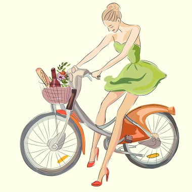 Bisiklet, elle çizilmiş vektör çizim kız moda