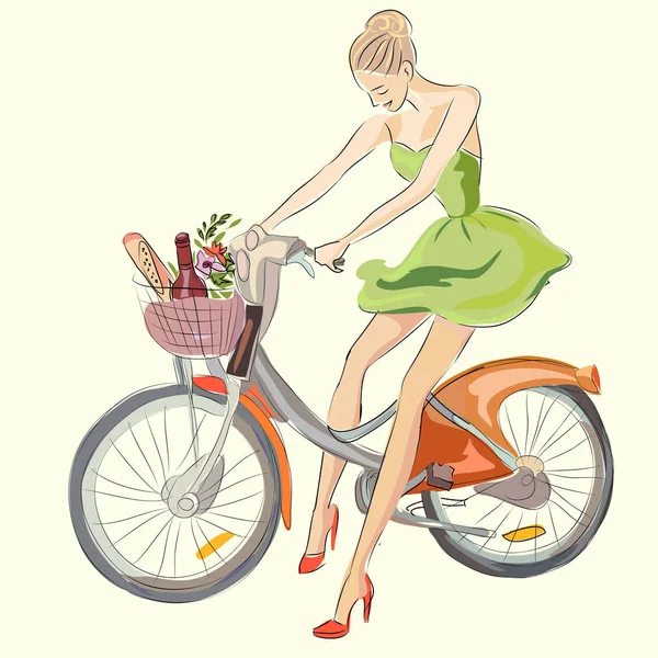 Chica de moda en la bicicleta, ilustración vectorial dibujado a mano — Vector de stock