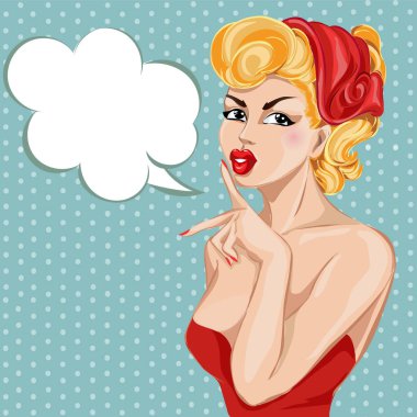 Pin-up seksi kadın portre ile konuşma balonu. Vektör çizim sessizlik jest kız el çekilmiş