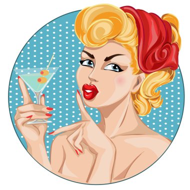 Pin-up seksi kadın portre martini ile. Vektör çizim sessizlik jest kız el çekilmiş