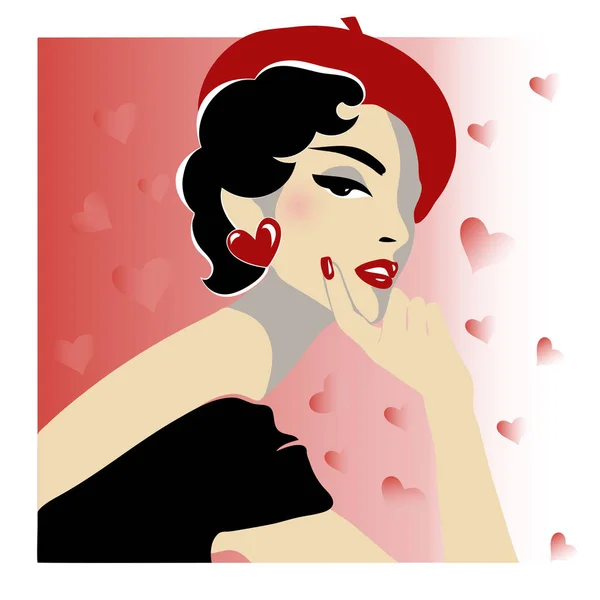 Mujer de moda retro con corazones de fondo, ilustración vectorial — Vector de stock