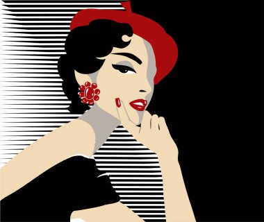 Siyah ve beyaz moda kadın pop sanat stil portre, giydiği kırmızı bere modeli el çizilmiş vektör
