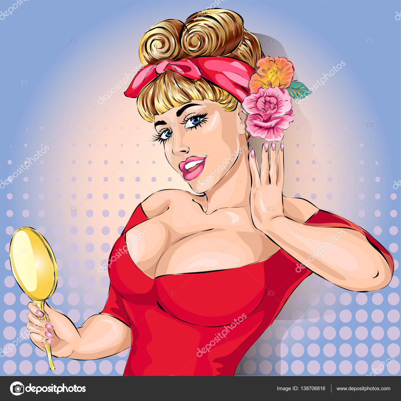 Pin-up plus size mulher sexy com espelho na mão, ilustração