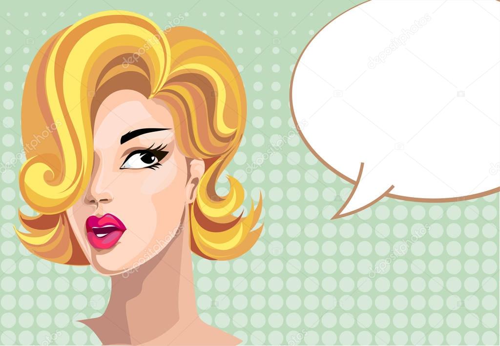 Pin up style surprised woman with speech bubble, pop art girl portrait, vector illustration