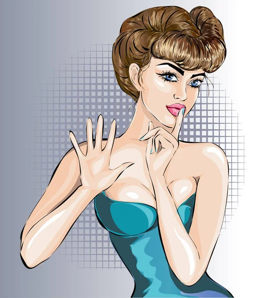 Pin up sexy donna ritratto con stop segnale mano e silenzio segno dal dito, vettoriale illustrazione — Vettoriale Stock