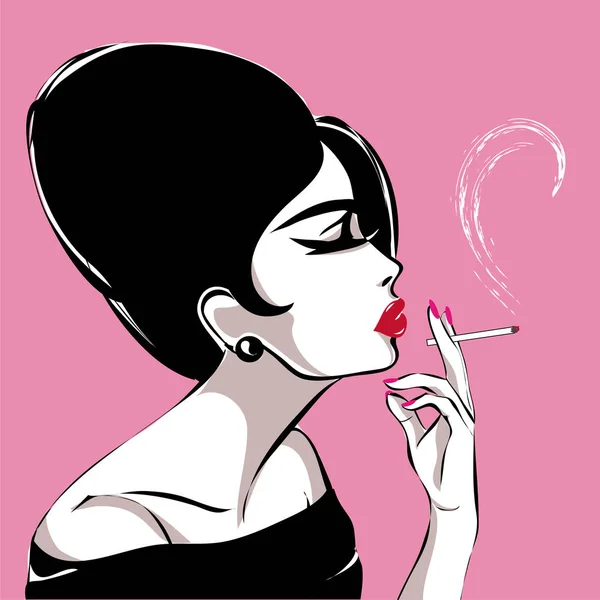 Rétro noir et blanc portrait de profil de femme de mode, fille fumeur illustration vectorielle — Image vectorielle