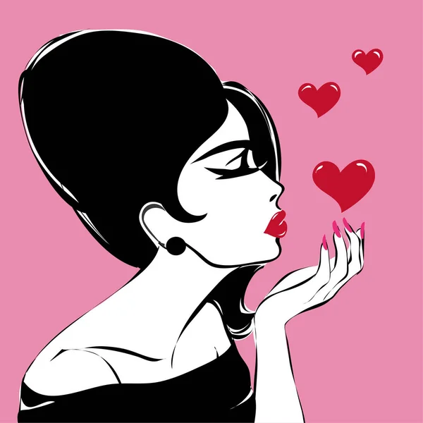 Rétro noir et blanc portrait de femme de mode envoyant baiser d'air avec les cœurs, Valentines illustration vectorielle jour — Image vectorielle