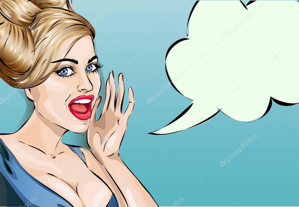 Pin up style woman with speech bubble, pop art girl portrait, vector illustration