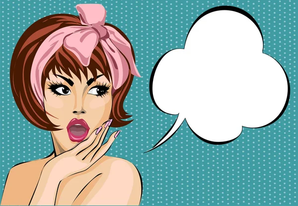 Pop art comic στυλ έκπληκτος γυναίκα με συννεφάκι ομιλίας, pin up κορίτσι πορτρέτο, διάνυσμα — Διανυσματικό Αρχείο