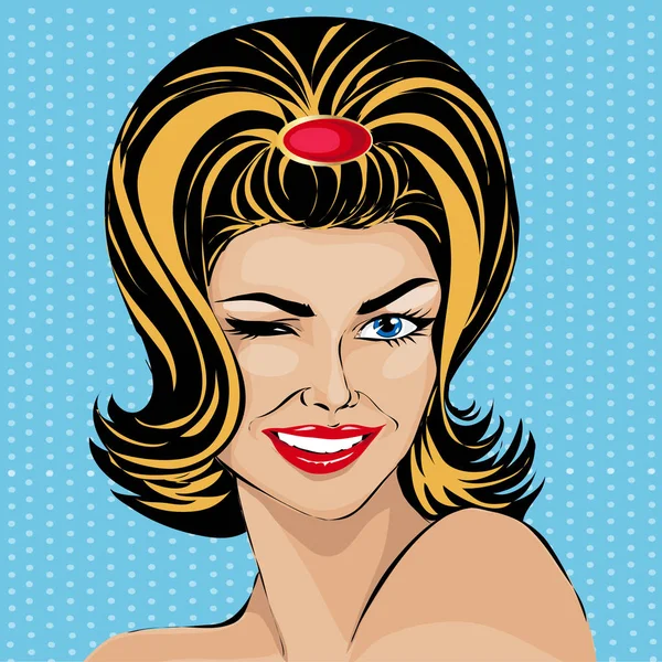 Pop art comics estilo mujer sonriente retrato, vector — Vector de stock