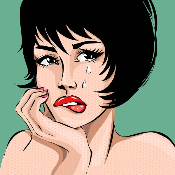 Pop art comics style crying woman portrait, vector