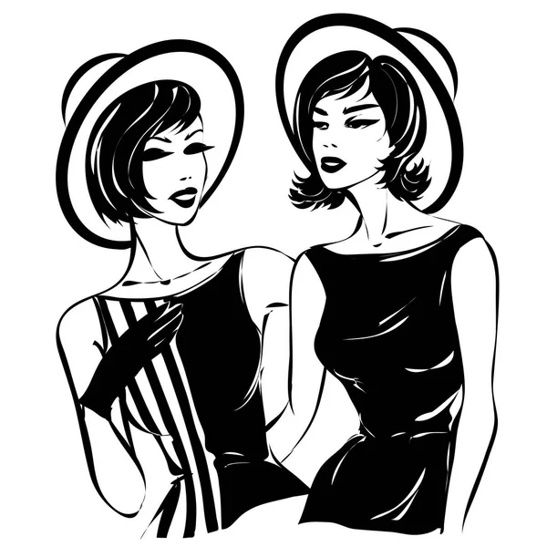 Dos retro mujer de la moda, retrato en blanco y negro, vector — Vector de stock