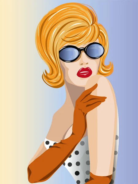 Mulher bonita usando óculos de sol retrô retrato, ilustração vetorial —  Vetores de Stock