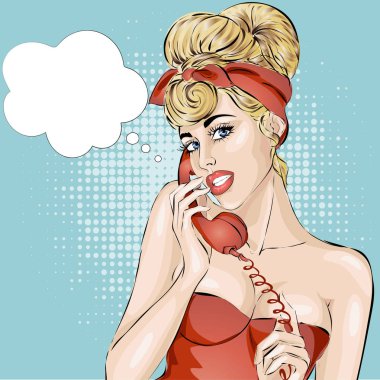 Seksi Pin-up kadın telefon aramayý cevaplar. Vektör pop art comic retro tarzı çizim