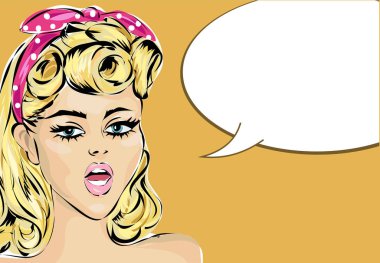 Stil mucize kadın konuşma balonu, pop art kız portre, vektör çizim ile pin