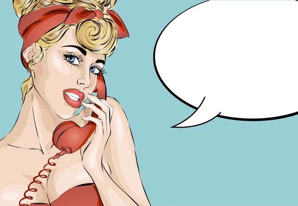 Sexy vrouw van de Pin-up beantwoord een telefoontje. Vectorillustratie popart komische retro stijl — Stockvector