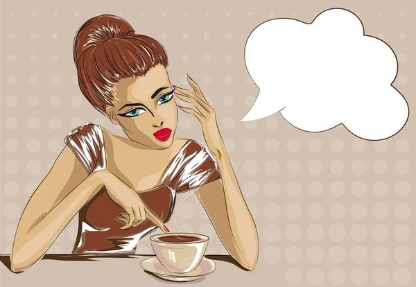 Pin up style bored woman with cop of coffee, speech bubble pop art portrait vector illustration — Stock Vector