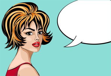 PIN tarzında güzel bir kadın portre konuşma balonu, pop art kız vektör çizim ile