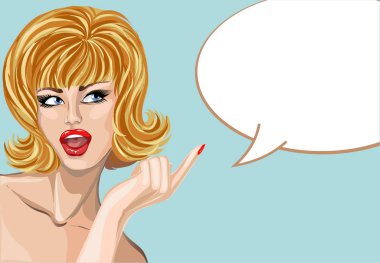 PIN tarzında güzel bir kadın portre konuşma balonu, pop art kız vektör çizim ile