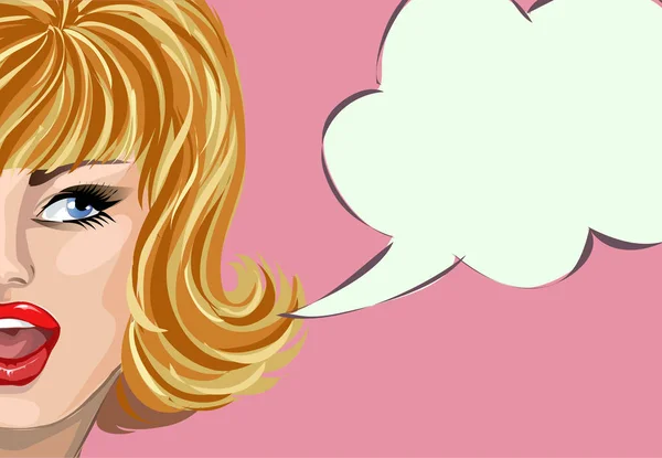 Pin up στυλ γυναίκα αναρωτιέμαι με συννεφάκι ομιλίας, κορίτσι πορτρέτο pop art, εικονογράφηση διάνυσμα — Διανυσματικό Αρχείο