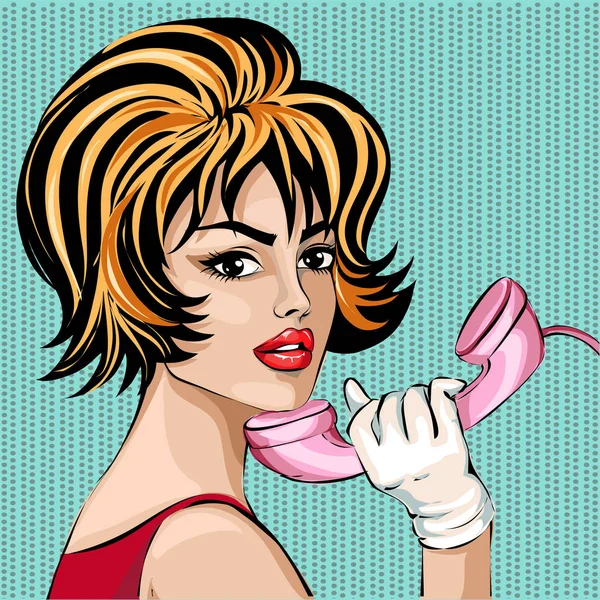 Sexy Pin-up-Frau nimmt den Anruf entgegen. Vektor Pop Art Comics im Retro-Stil Illustration — Stockvektor