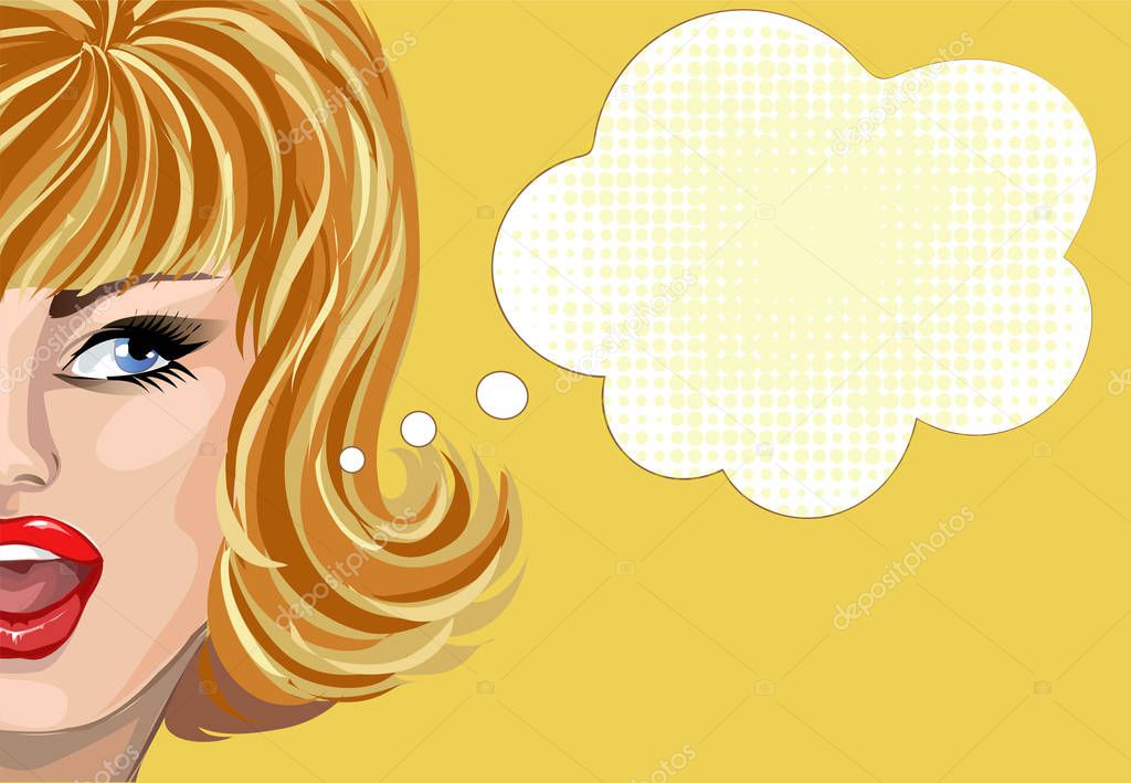 Pin up style wonder woman with speech bubble, pop art girl portrait, vector illustration